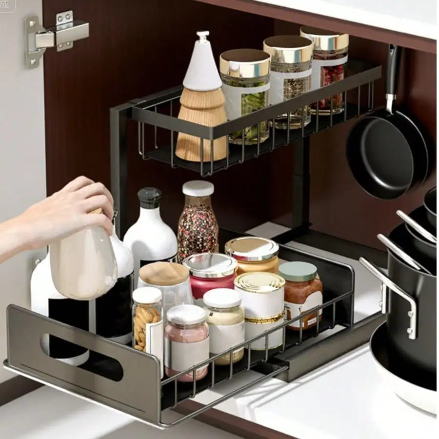 Pull-Out Under Sink Storage Rack, 2-Tier Sliding Basket Organizer for Kitchen Cabinets, Bathroom, Pantry & Household Storage