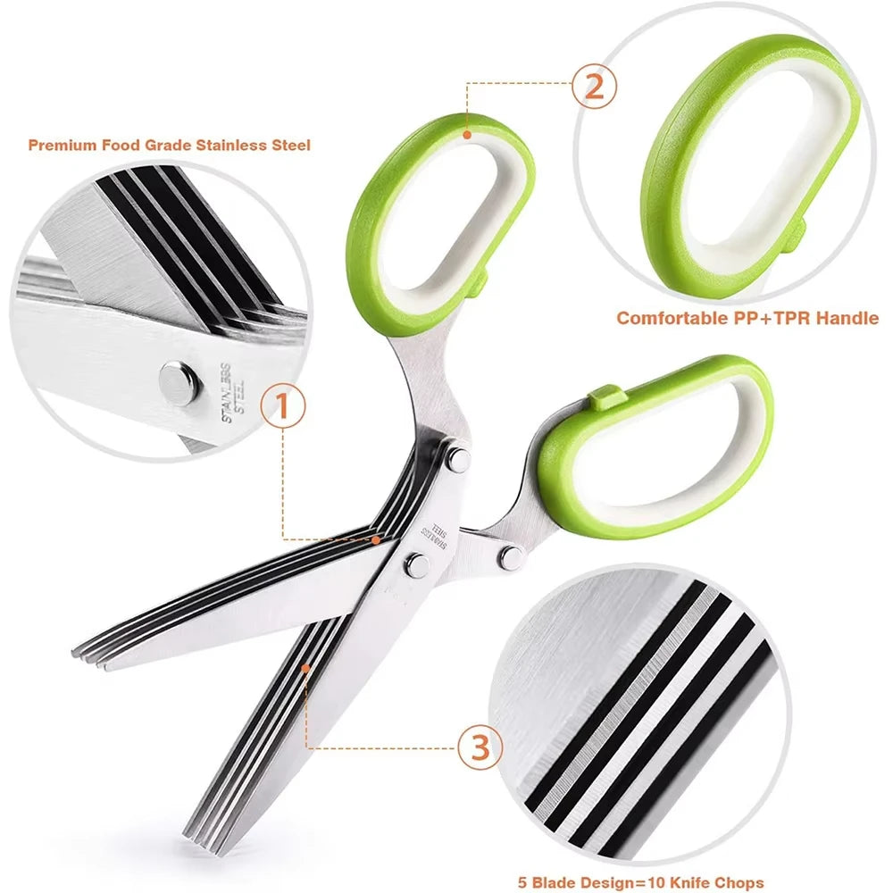 Herbal Scissors Stainless Steel 5 Blade Kitchen Scissors Mince Fresh Herbs & Leafy Greens Kitchen Gadgets with Cover (Green)