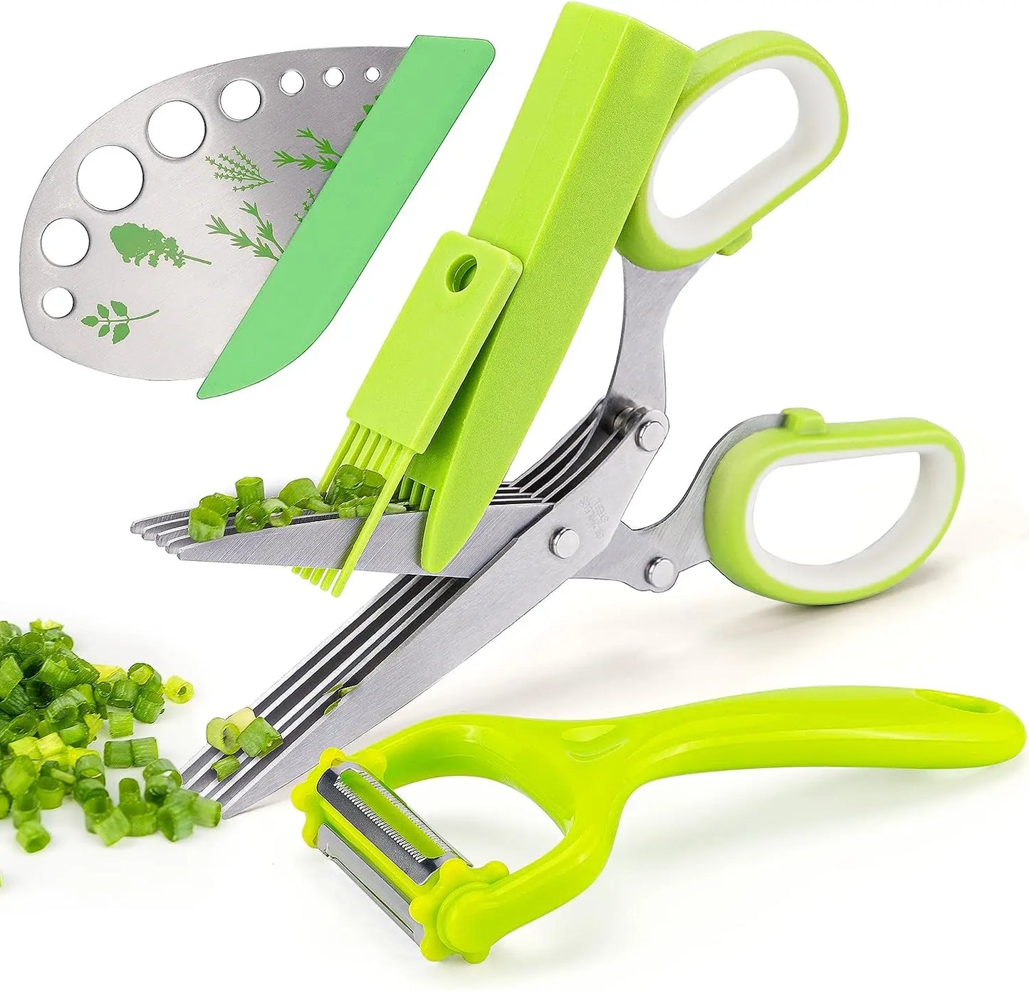 Herbal Scissors Stainless Steel 5 Blade Kitchen Scissors Mince Fresh Herbs & Leafy Greens Kitchen Gadgets with Cover (Green)