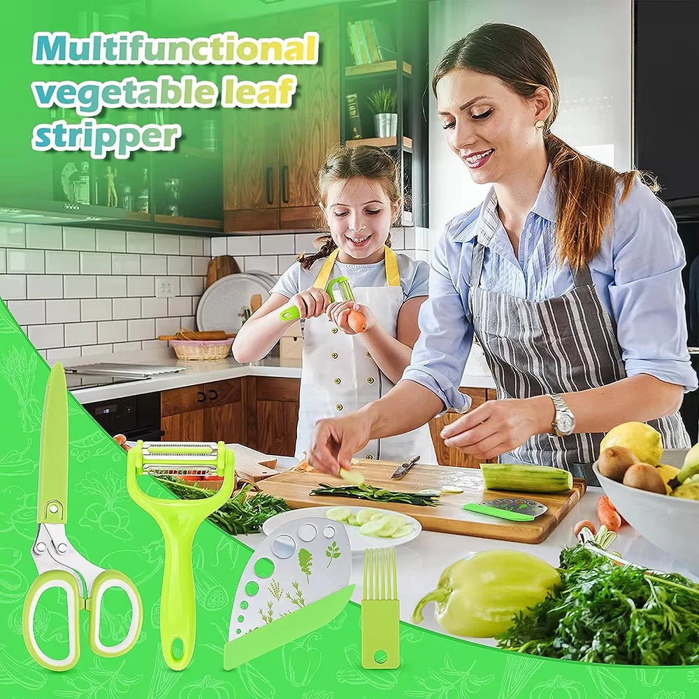 Herbal Scissors Stainless Steel 5 Blade Kitchen Scissors Mince Fresh Herbs & Leafy Greens Kitchen Gadgets with Cover (Green)