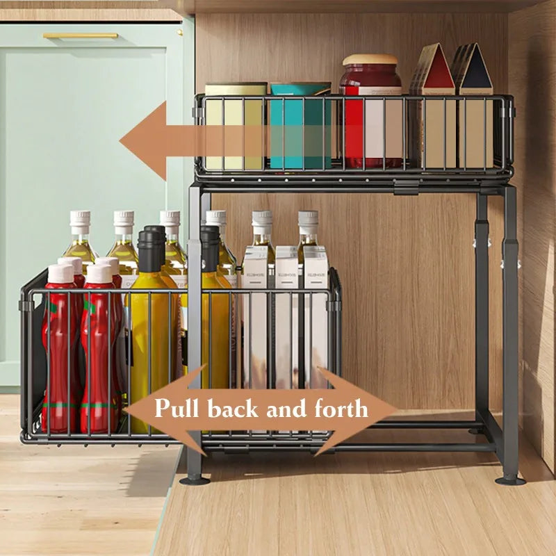 Pull-Out Under Sink Storage Rack, 2-Tier Sliding Basket Organizer for Kitchen Cabinets, Bathroom, Pantry & Household Storage