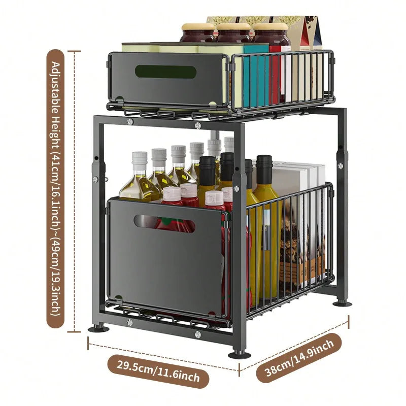 Pull-Out Under Sink Storage Rack, 2-Tier Sliding Basket Organizer for Kitchen Cabinets, Bathroom, Pantry & Household Storage