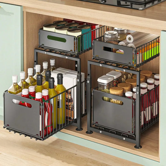 Pull-Out Under Sink Storage Rack, 2-Tier Sliding Basket Organizer for Kitchen Cabinets, Bathroom, Pantry & Household Storage