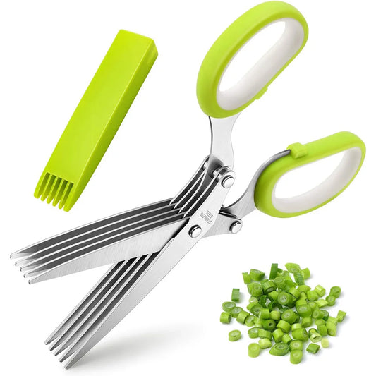 Herbal Scissors Stainless Steel 5 Blade Kitchen Scissors Mince Fresh Herbs & Leafy Greens Kitchen Gadgets with Cover (Green)